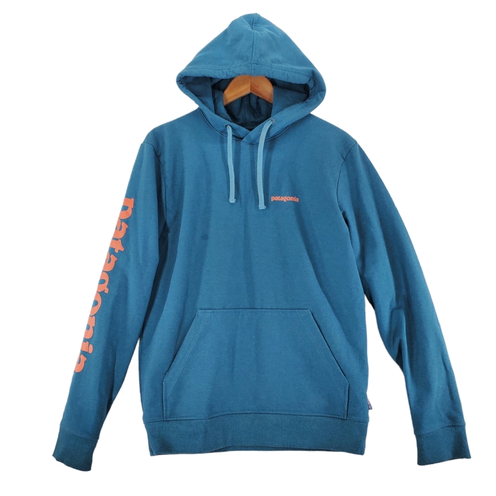 Patagonia Uprisal Hoodie Sweatshirt Men M Regular Fit Teal Pullover Orange Logo - Picture 13 of 14